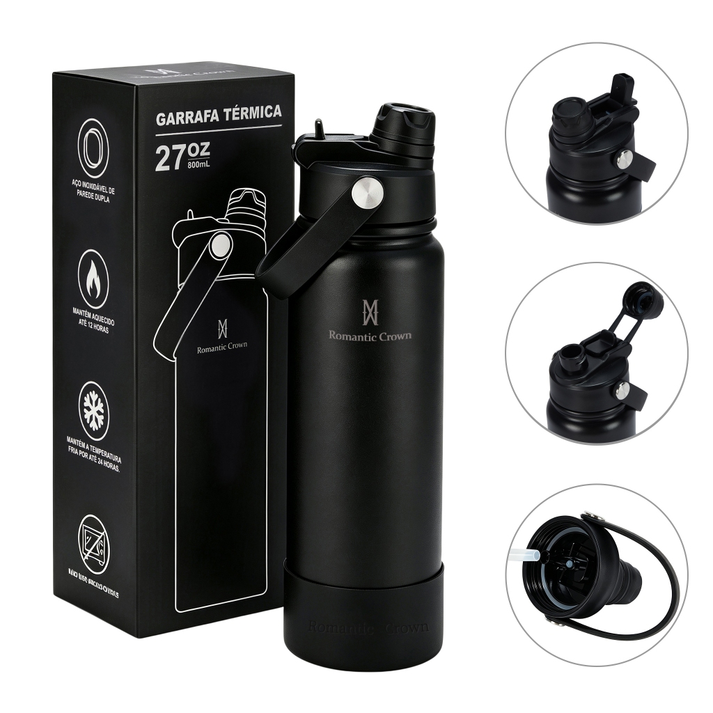ROMANTIC CROWN Garrafa Térmica 800ml Aço Inox 304 Grande Capacidade com 2 Formas de Beber para Viagem e Esporte