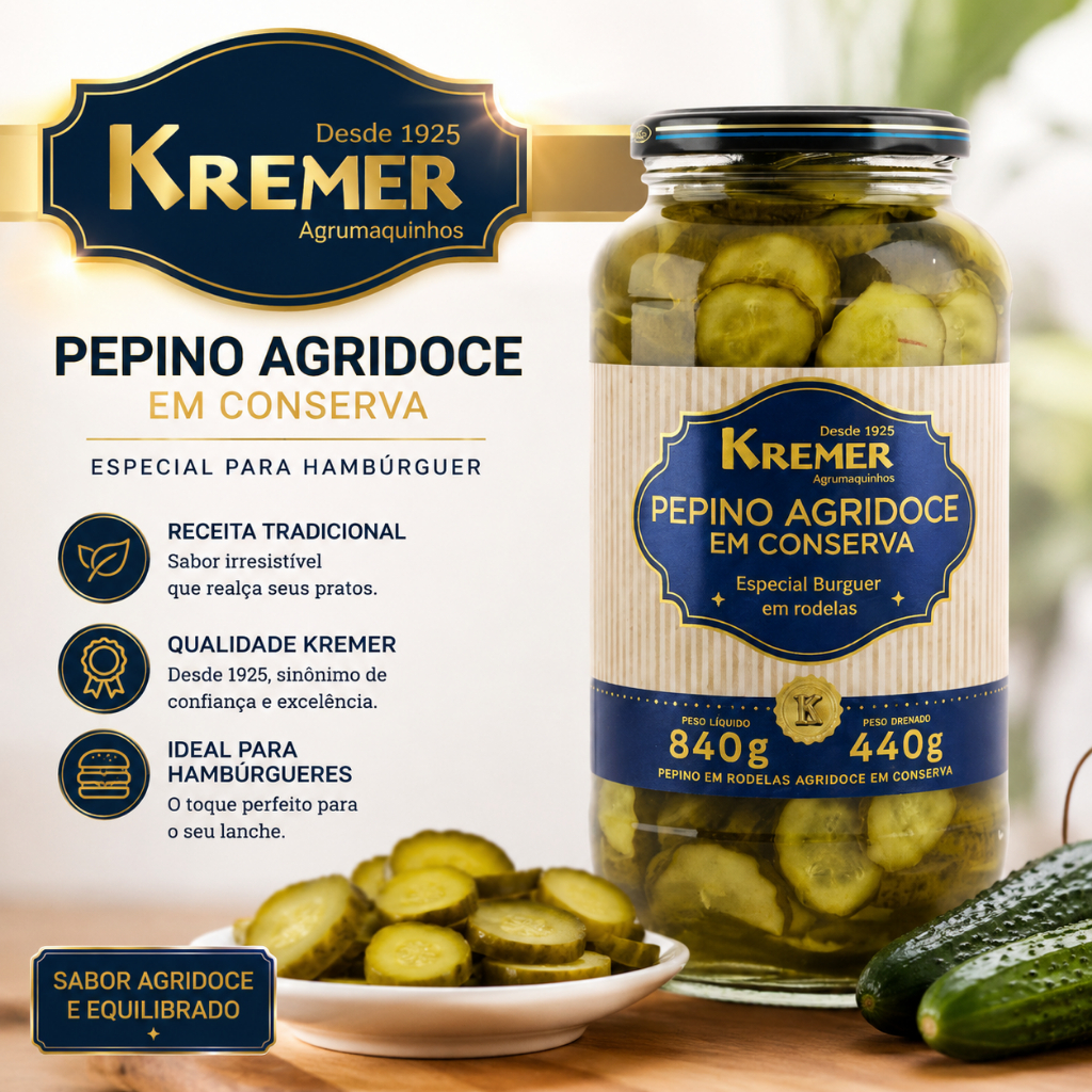 Picles Conserva Kremer 840g Pepino Agridoce Hambúrguer Rodela Gourmet Churrasco Pizzaria Lanches