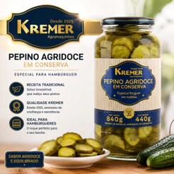 Picles Conserva Kremer 840g Pepino Agridoce Hambúrguer Rodela Gourmet Churrasco Pizzaria Lanches
