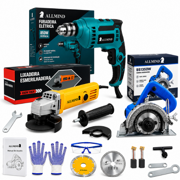 Kit 3 em 1 Multi Ferramentas 1350W Esmerilhadeira, Furadeira e Serra Mármore com Maleta Profissional