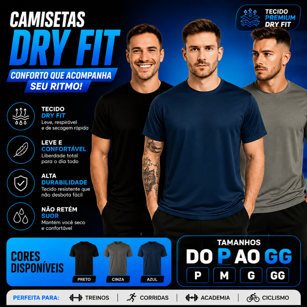 Camiseta Masculina Dry Fit Premium Esportiva Respirável Confortável para Academia Corrida Treino Tamanhos P ao GG