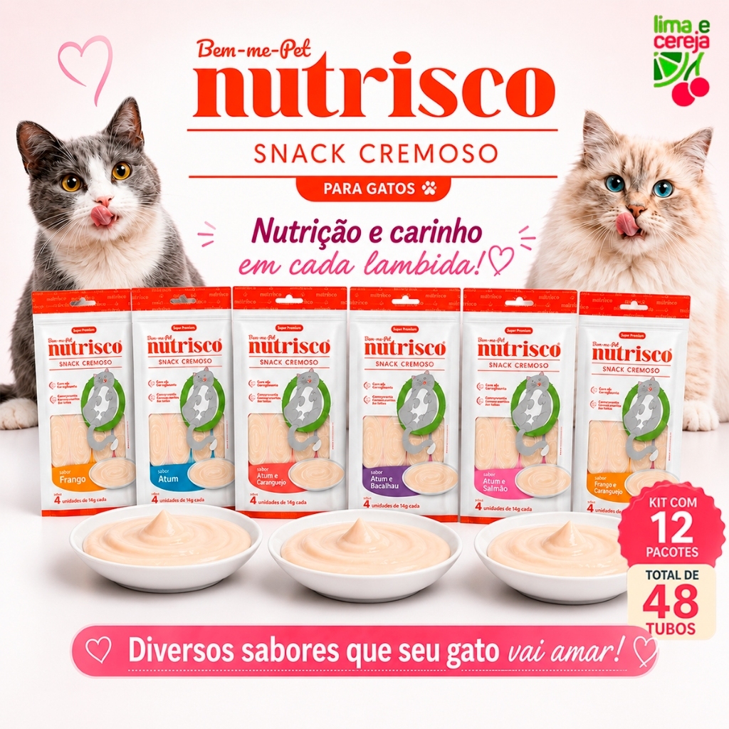 Snack Cremoso Nutrisco Para Gatos Petisco Sabores Variados 12 Pacotes Premium 48 Tubos Pet 56g
