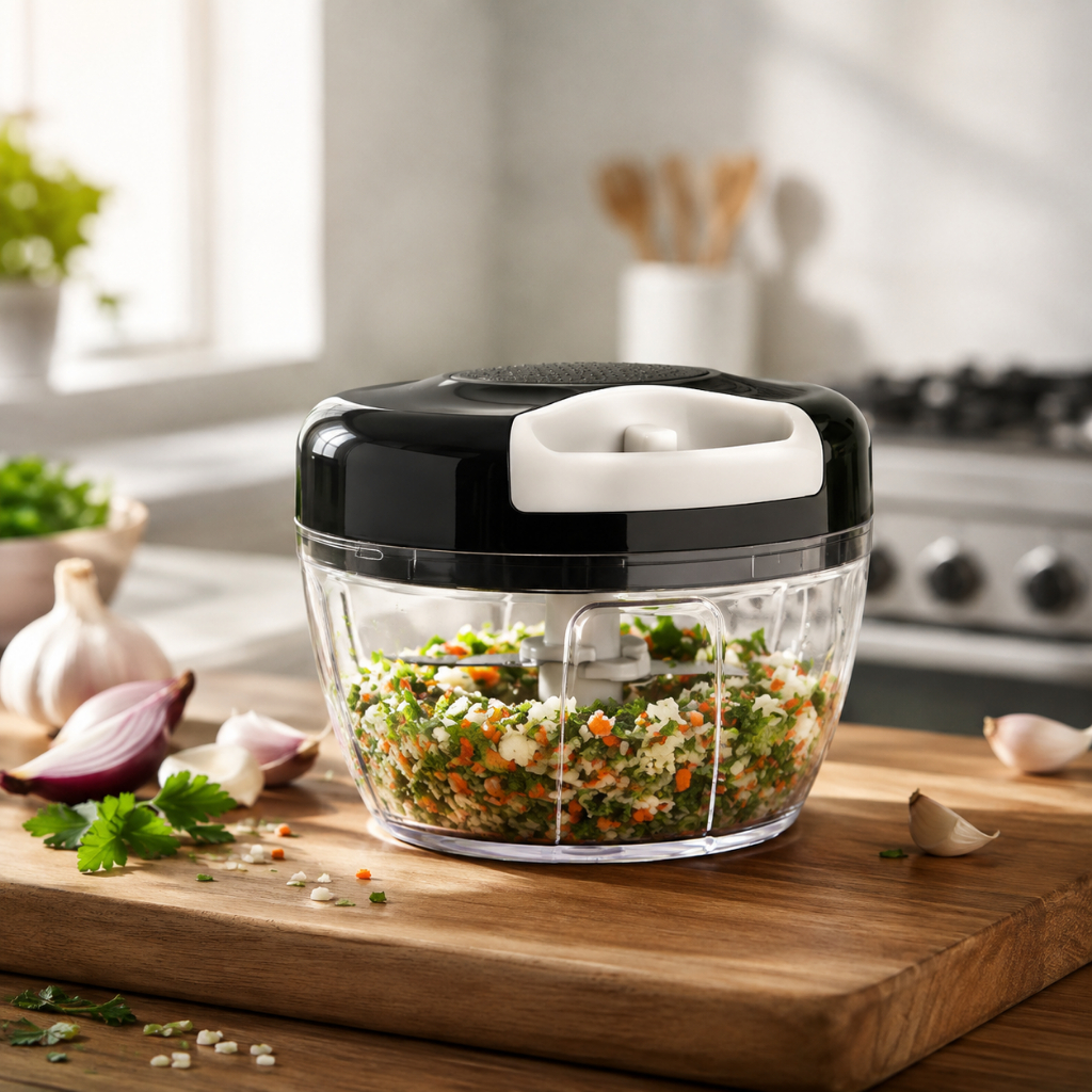 Processador Triturador Alho Cebola Legumes Frutas Manual 500ml 3 Lâminas Aço Inox Picador Cortador Cozinha