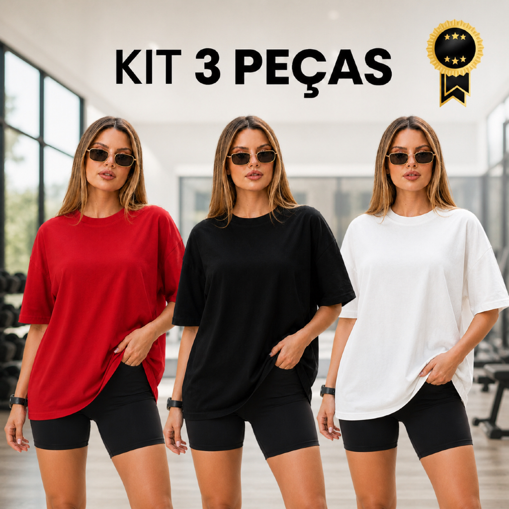 Kit 3 Camisetas Oversized Feminina Streetwear Lisa 100% Algodão Academia Moda Básica