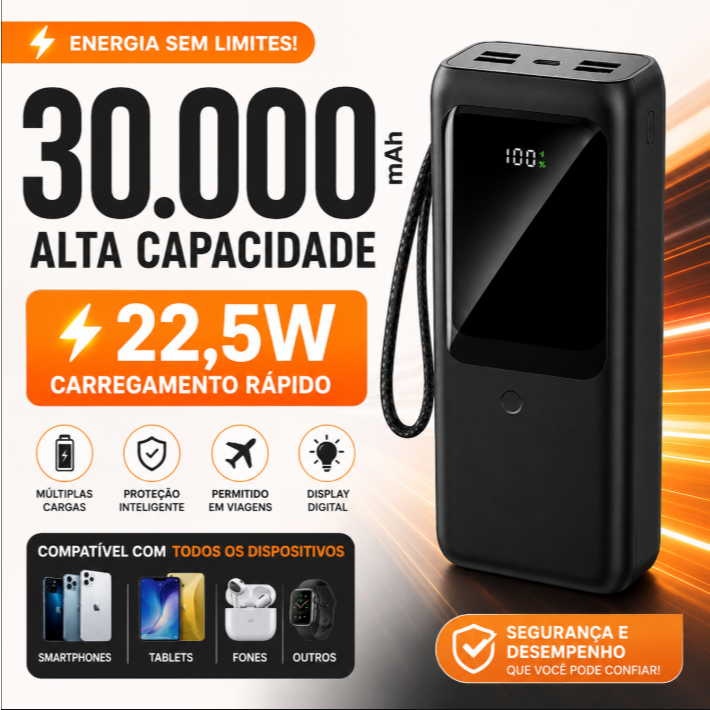 Carregador Portátil Power Bank 30000mAh Turbo 22.5W Com Cabo Embutido Carga Rápida P/ Celular iPhone Android