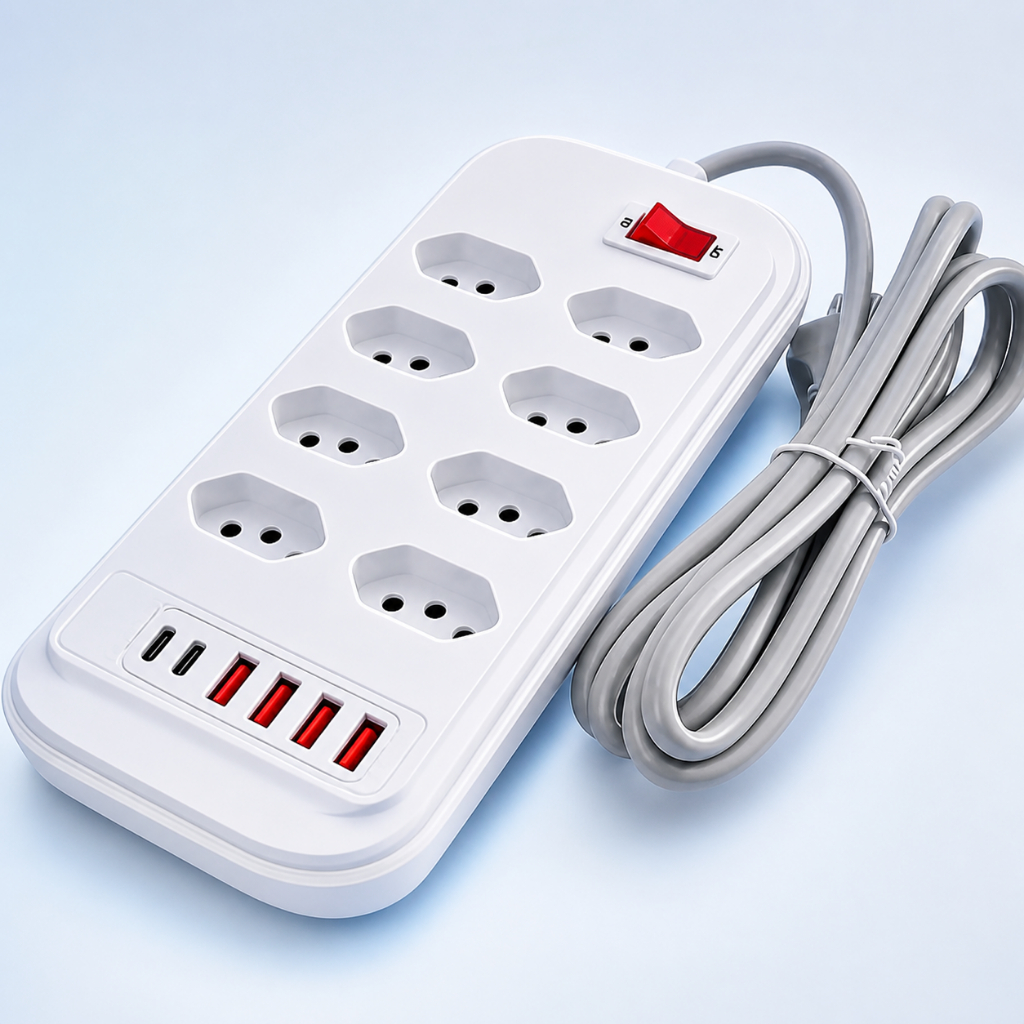Régua de tomadas multifuncional com portas USB e Tipo-C, comprimento do cabo de 2/5/10m.
