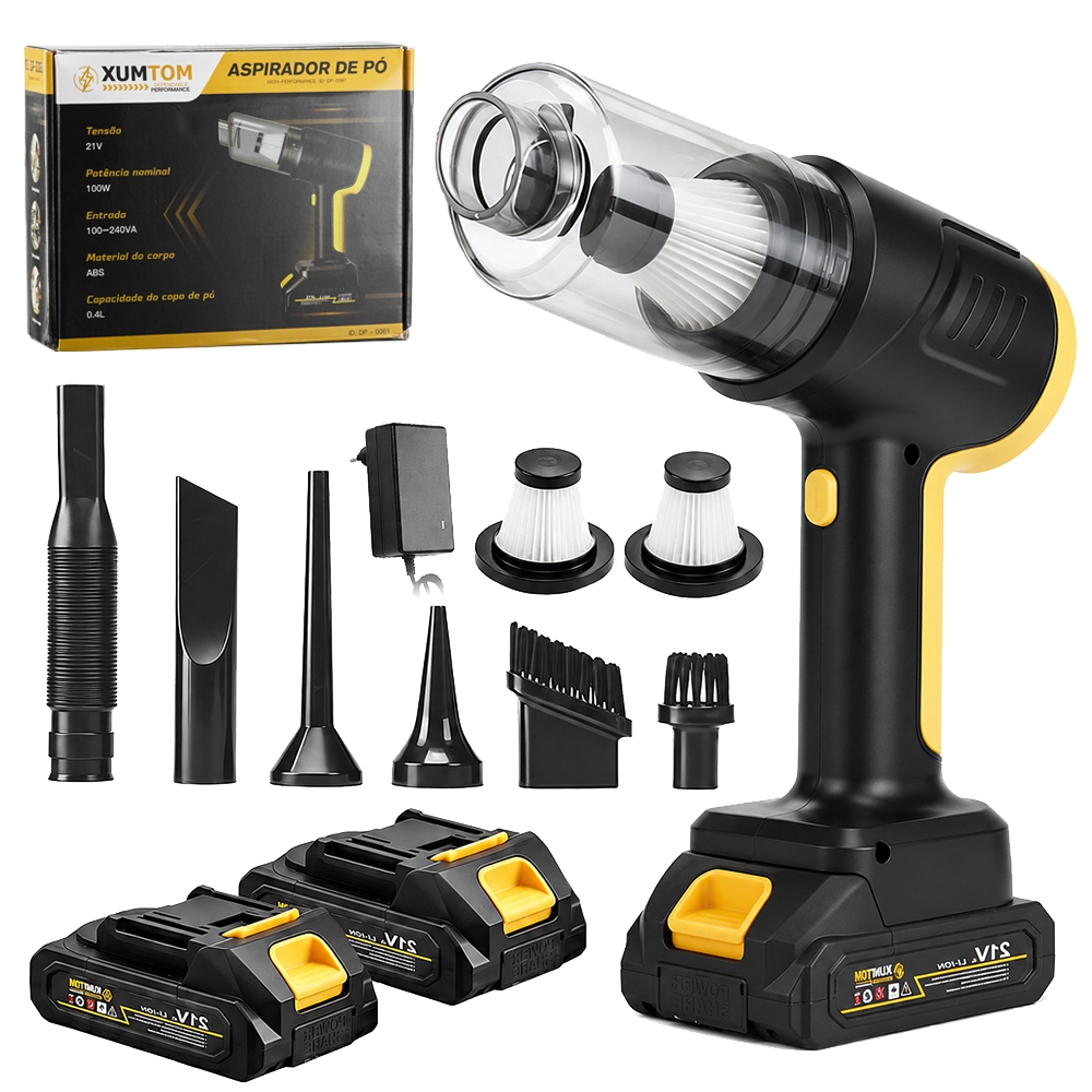 Aspirador De Pó 21V Portátil Sem Fio Carro Casa Potente - Kit Completo Com Bicos E Filtro HEPA Recarregável