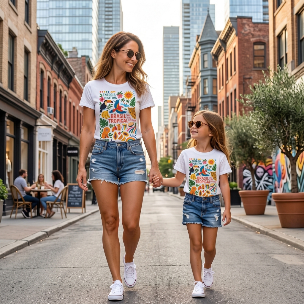 Kit Tal Mãe Tal Filha Camiseta Feminina Blusa Infantil Look Moda Verão Casual Tropical 100% Algodão Presente Mulher