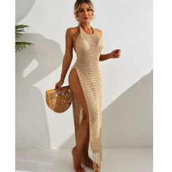 .Saída de Praia Longa em Tricot Frente Única com Fendas Laterais e Franjas Artesanais Estilosa – Moda Praia Feminina