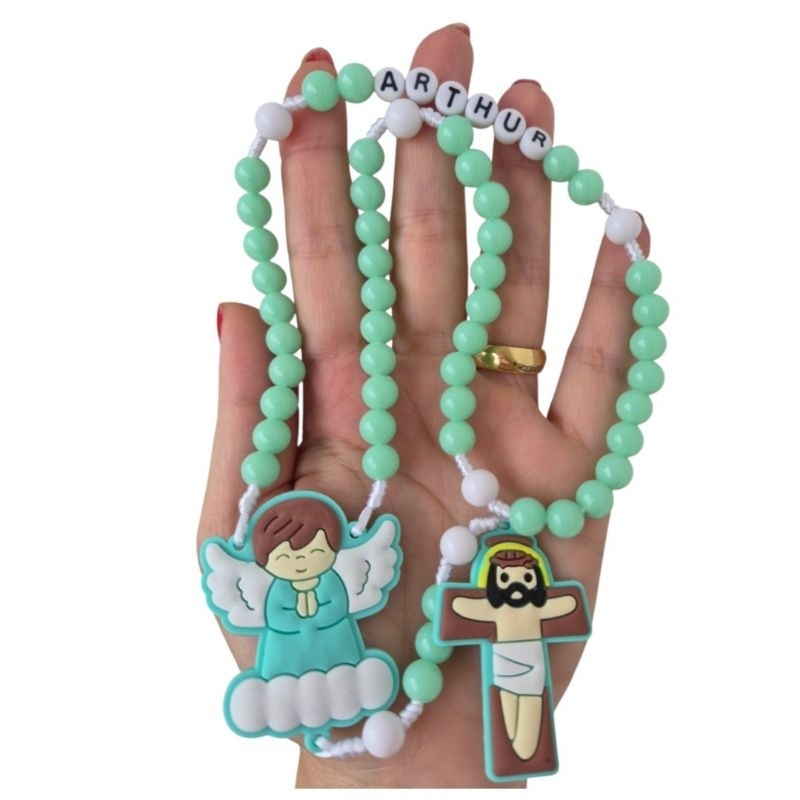 Terço Infantil Anjo Personalizado Verde água Com Nome ou Sem Nome- Batizado Primeira Eucaristia Lembrancinhas Comunhão