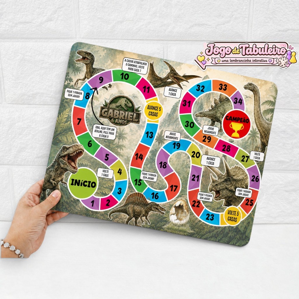Jogo De Tabuleiro Infantil Lembrancinha Personalizado Festa Aniversário Qualquer Tema Jurassic Dinossauro