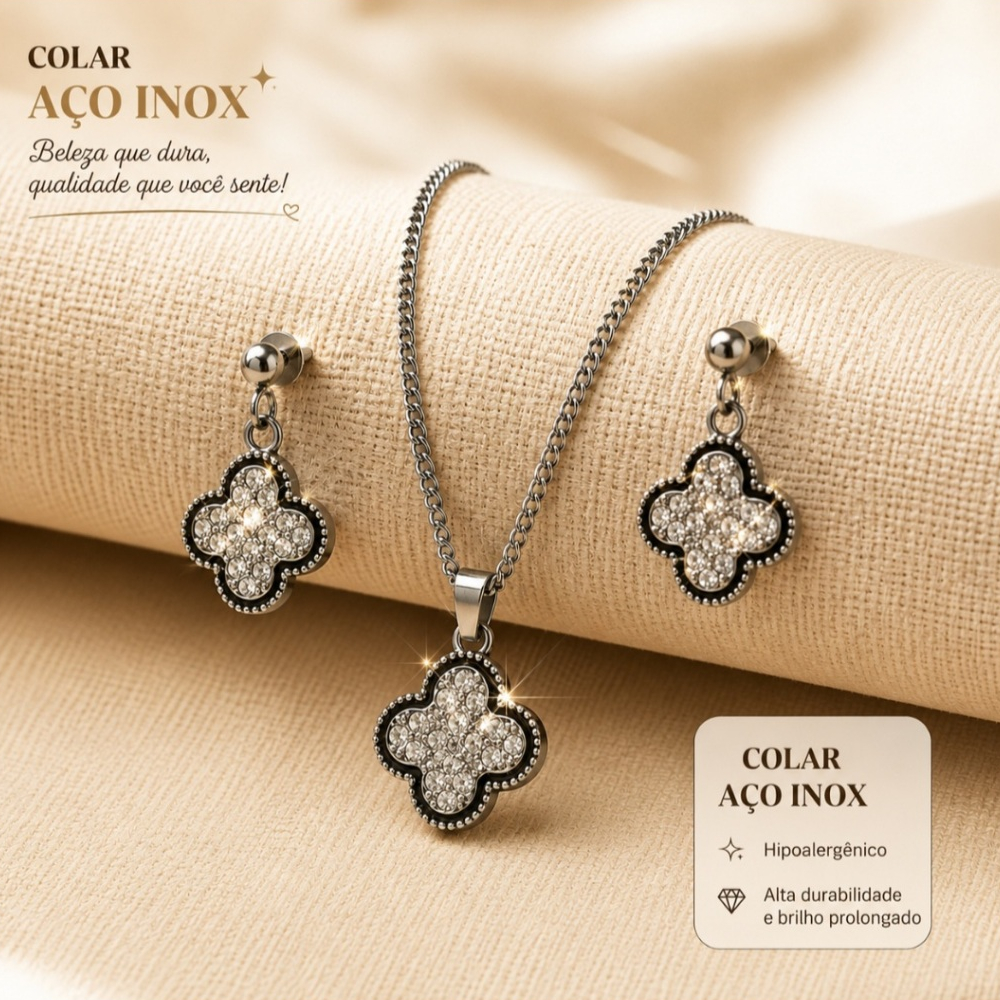 Conjunto Trevo Aço Inox Virginia Trevo Quatro Folhas Joias Femininas Para Presente