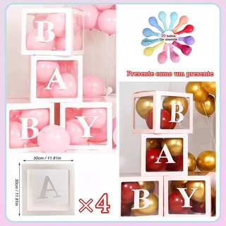 Caixa para Balões BABY 30x30x30cm - 4 caixas+20 Balões | Decoração Chá de Bebê & Festa