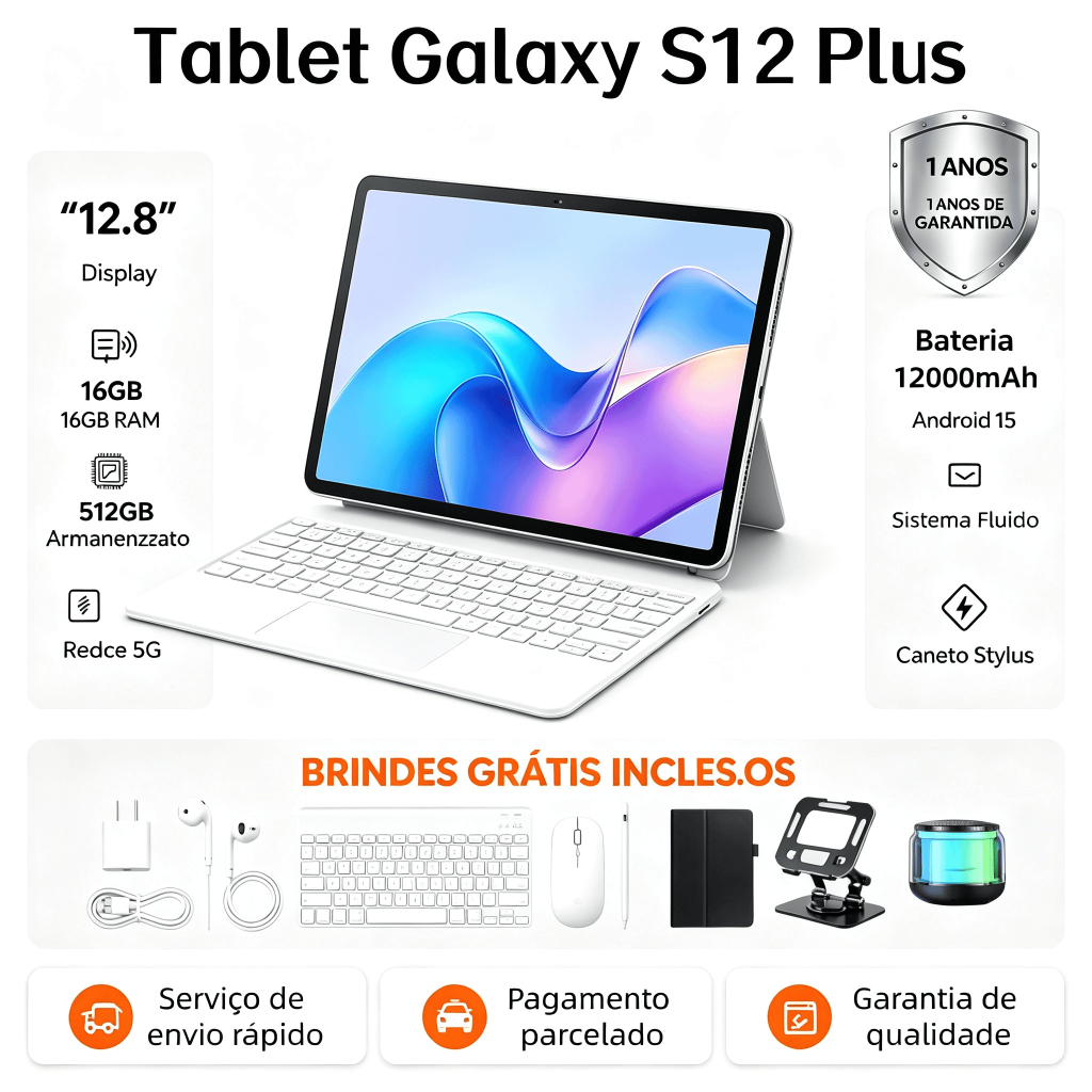 【Teclado e mouse grátis】Tablet Galaxy S12 Plus 12,8 polegadas HD 16 GB + 512 GB, dois chips, bateria de 12.000 mAh, 5G