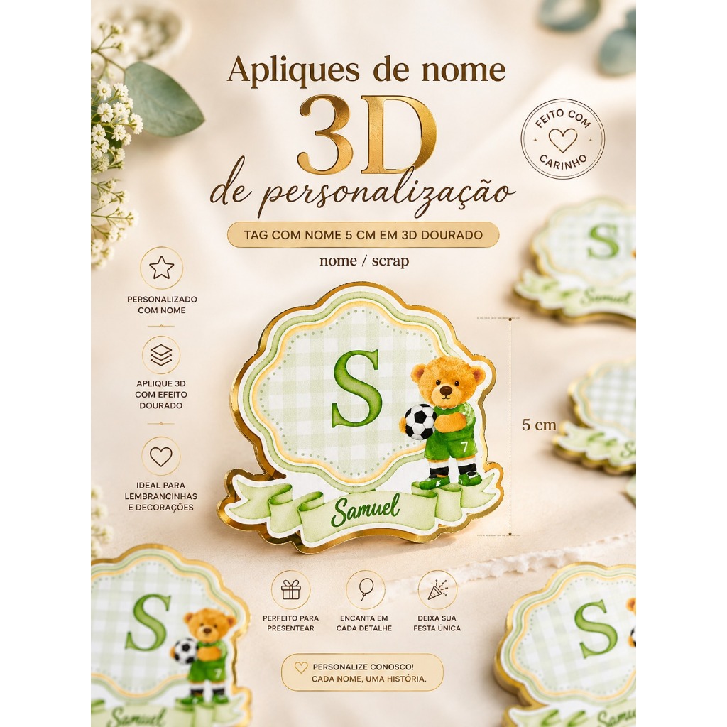 70 Aplique 3D Personalizadas com lamicote dourado/ todos temas com nome 5 cm + idade/ lembrancinhas festas personalizas