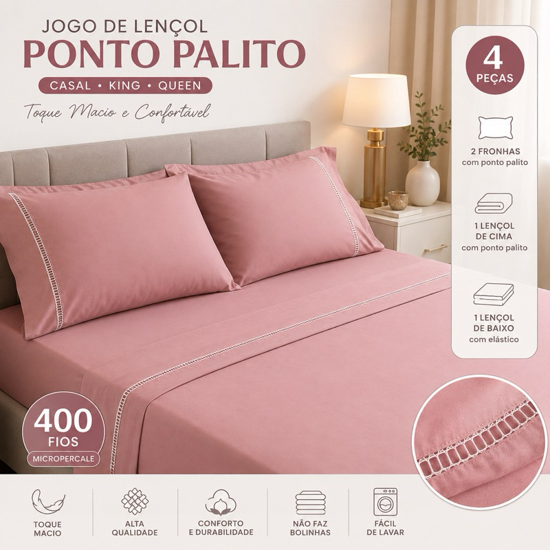 Jogo de Lençol PONTO PALITO CASAL KING QUEEN 04 Peças 400 Fios LUXO Cama Casal  Micropercal PONTO PALITO