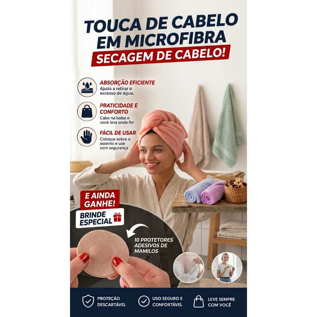 kit duas Toucas de Microfibra para Secar Cabelo Toalha Turbante Absorvente Secagem Rápida + 10 protetores de mamilos
