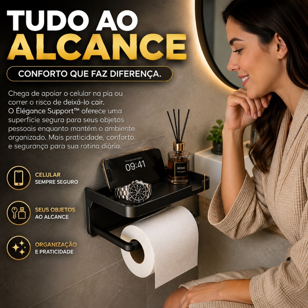 Suporte Aço Inox Preto Porta Preto Papel Higiênico Com Suporte Para Celular Premium