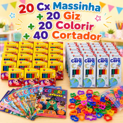 20 Cx Massinha de Modelar + 20 Colorir + 20 Giz de Cera + 40 Cortador Lembrancinha Infantil