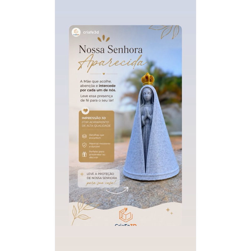 Imagem Nossa Senhora Aparecida Impressão 3D Mantinho Mármore com Coroa Dourada