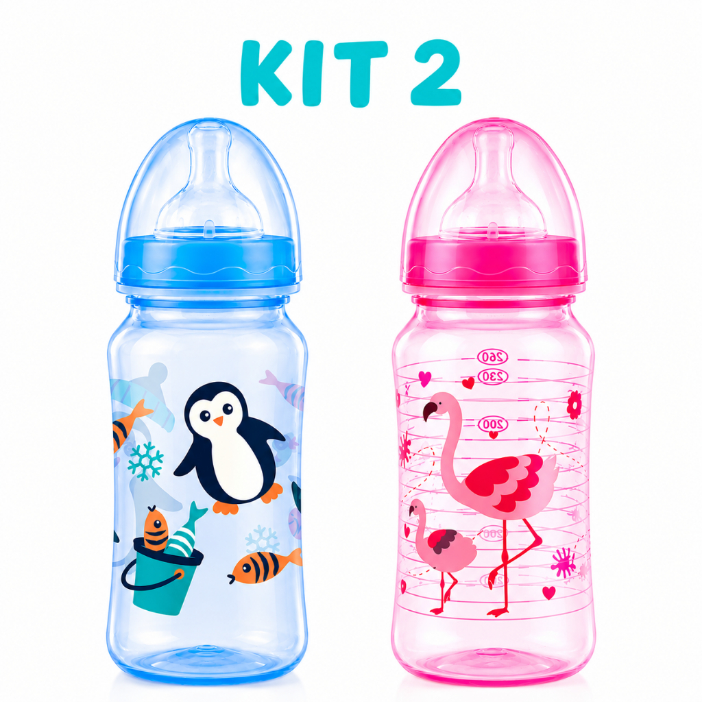Kit com 2 Mamadeiras Estampadas com Bico Macio para Bebê