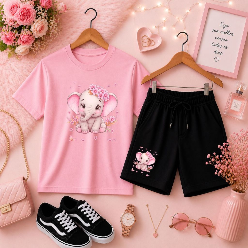 Aposte no Visual Casual Conjunto Infantil Feminino de Camiseta Básica e Short de Moletom Estampa Elefante Delicada