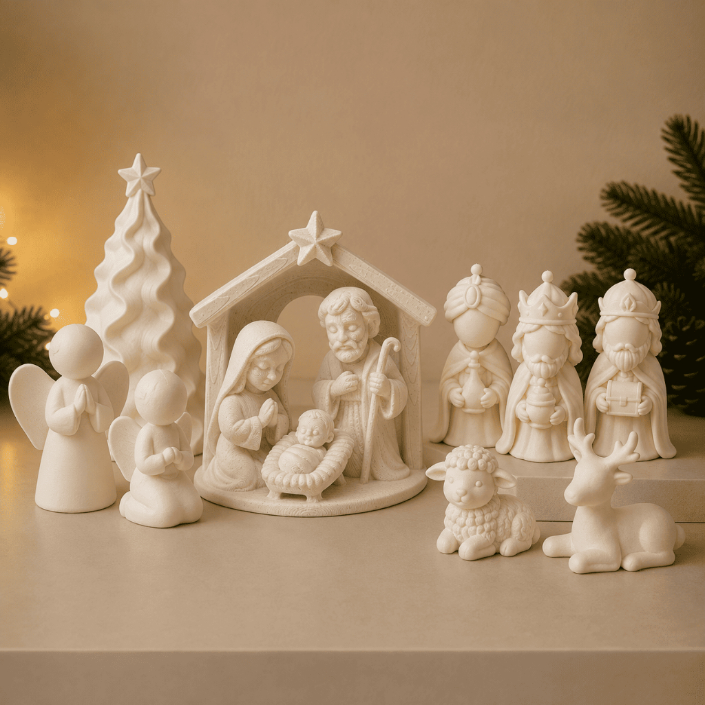 Presépio de Natal Decorativo com Sagrada Família Reis Magos Anjos Árvore e Animais Enfeite para Aparador Mesa e Sala