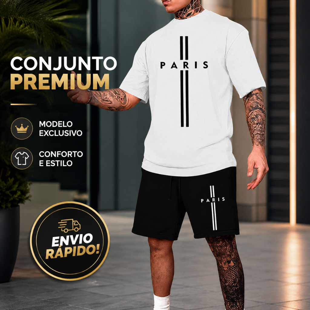 Conjunto Masculino Paris Camiseta Branca e Bermuda Preta Casual Moderna Kit Masculino Paris Camiseta Manga Curta e Berma