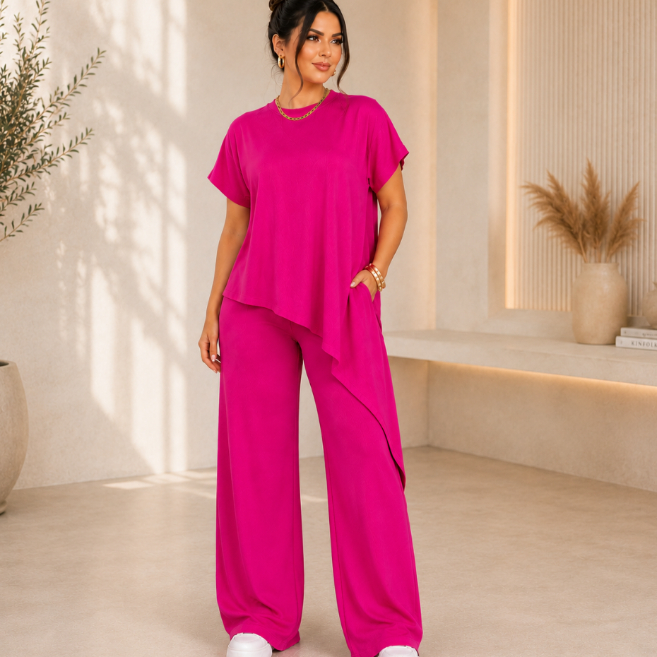 Conjunto Femenino Calça Pantalona Longa Estilosa Blusa Assimetrica Casual E Elegante
