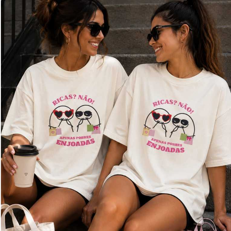 Camiseta Feminina Oversized Larga Estampada Divertida Amigas Casual 100% Algodão Confortável Dia a Dia