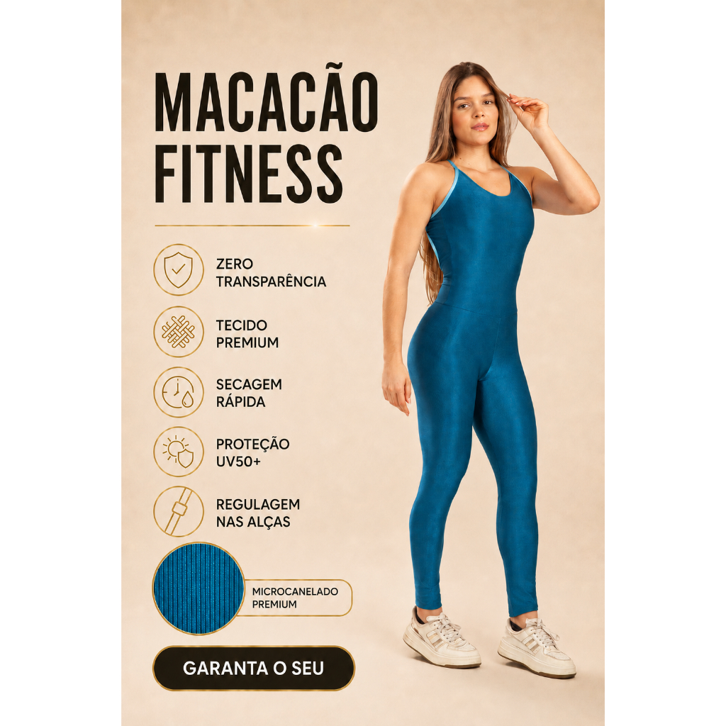 Macacão Feminino Longo Fitness Canelado Premium Zero Transparência Bojo Removível Alças Reguláveis Academia Casual