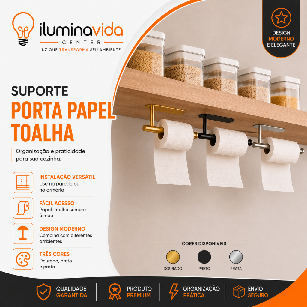 Suporte Porta Papel Toalha de Parede ou Armário Aço Inox Sem Furos com Adesivo e Parafusos Preto Prata Dourado