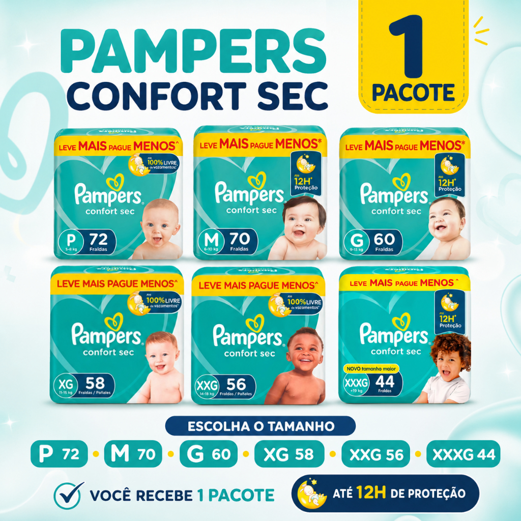 Fralda Pampers Confort Sec Bag Hiper Todos os Tamanhos