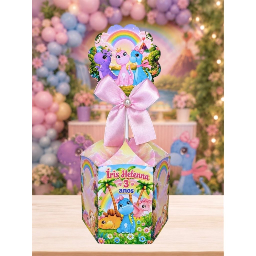Pegue e Monte Centro de Mesa Dino Baby Menina Rosa Caixa Sextavada Personalizada Pequena para Festa Aniversário Infantil