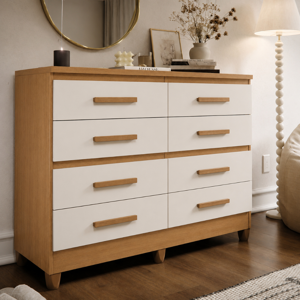 Cômoda 8 Gavetas Para Quarto Casal Pés Puxadores Multiuso Organizador Roupas Moderna Grande Lite
