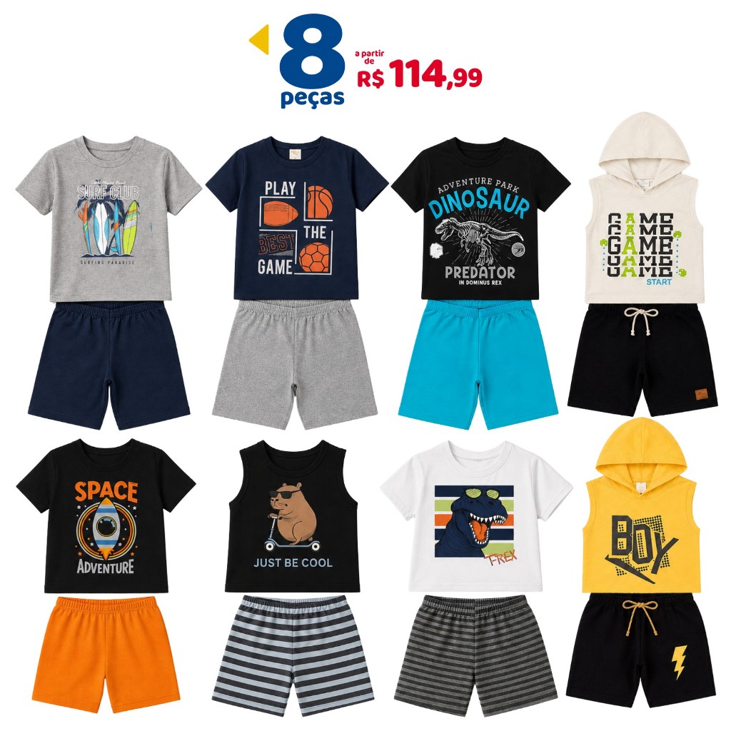 Kit 8 Peças Roupa Infantil Masculino Conjunto de Verao Sortido 1 a 14 Anos Roupa Infantil Menino