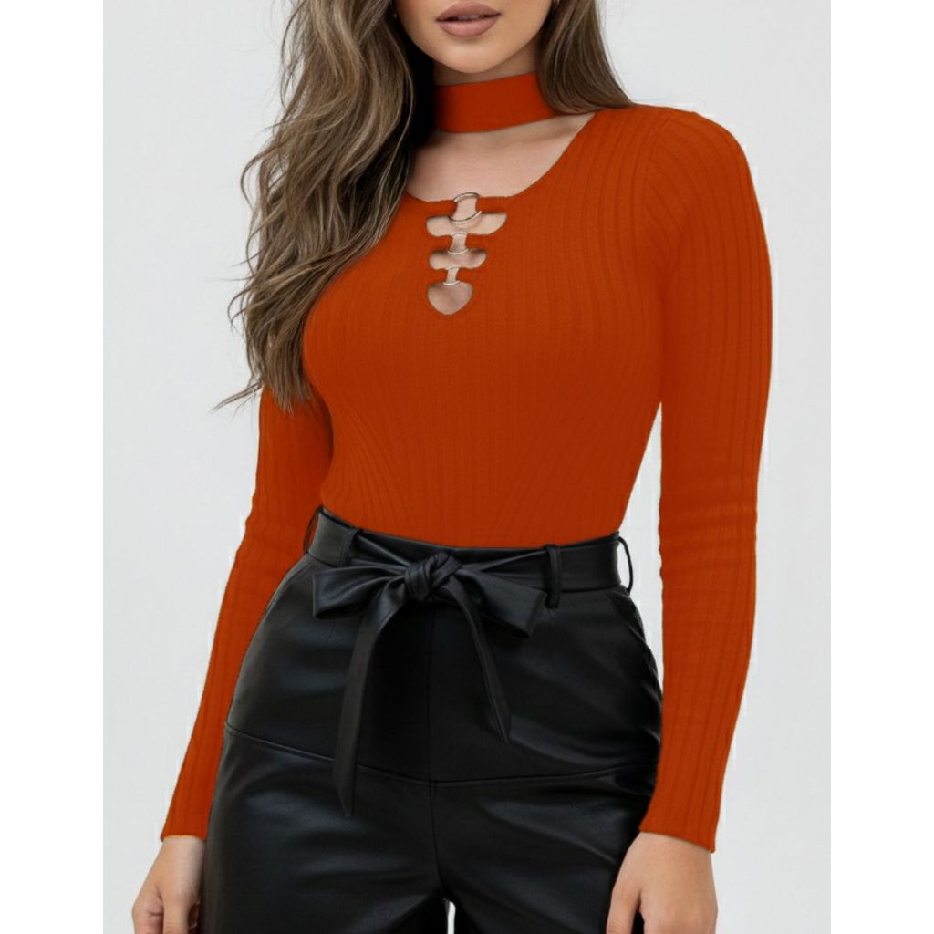 Body Feminino Canelado Cacharrel Gola Alta Manga Longa Inverno 2026