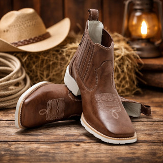 Botina Masculina Sola Branca Bota Texana Country Bico Quadrado Mateira Txc Pecuaria Rodeio Cavalgada