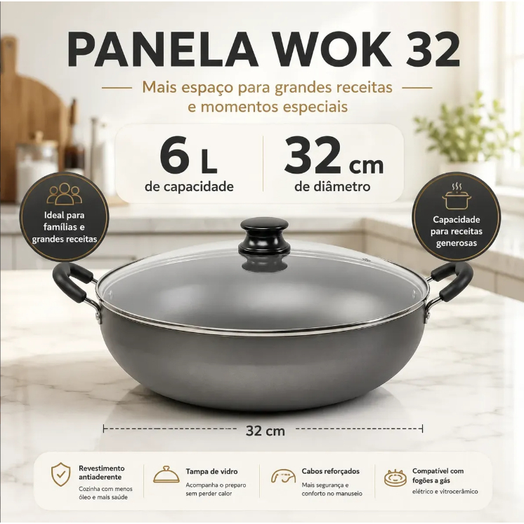 Panela wok antiaderente 32 cm com tampa