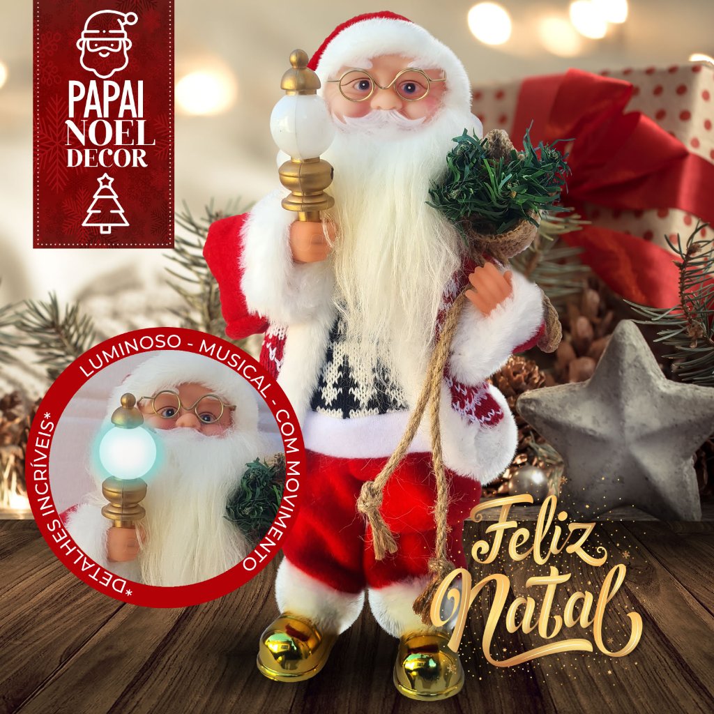 Papai Noel Musical Luz Movimento Natal Natalino Iluminação Enfeite Decorativo Decoração - 30cm