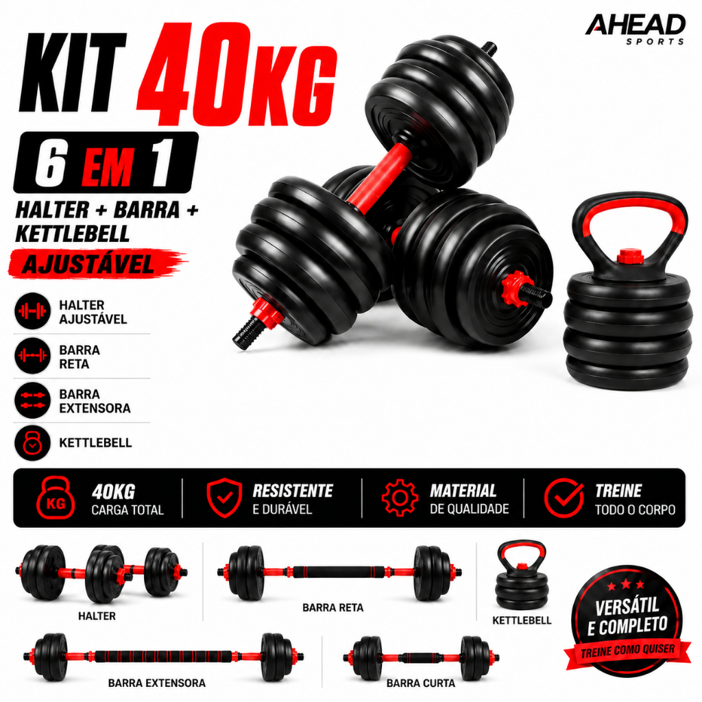 Kit Halteres Ajustável Ahead Sports - 6 em 1 - Barra Anilha e Kettlebell Musculação