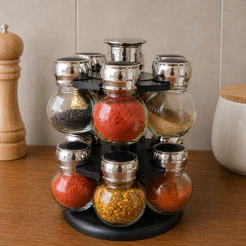 Conjunto 12 Porta Temperos de Vidro Poli Preto com Tampa Plástica Base Giratória Wolff para Cozinha Organização Prática