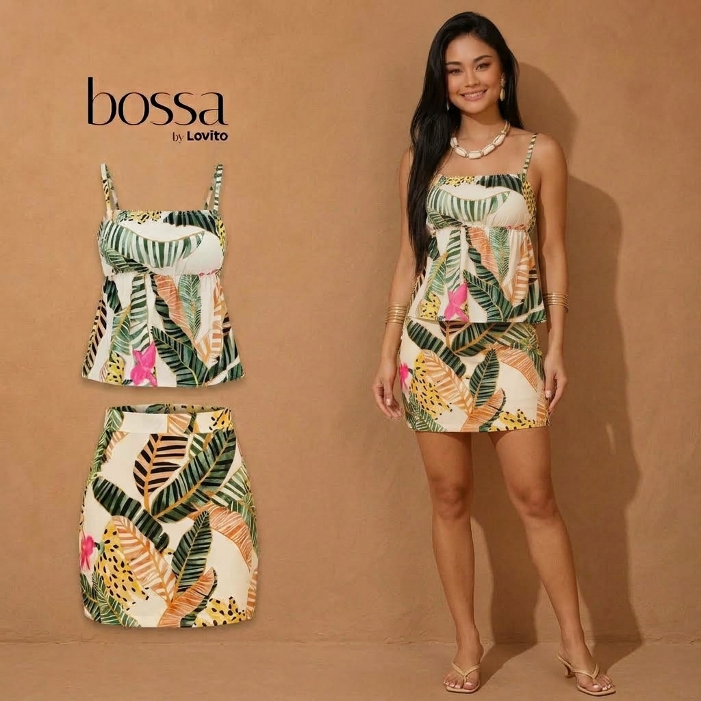 Lovito Bossa Conjunto Feminino Regata e Saia Curta Estampada BLB15381568