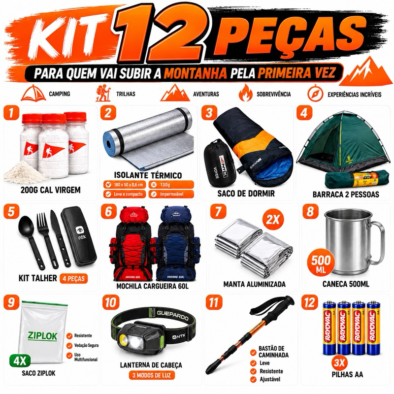 Kit Completo 12 Itens para Barraca Mochila Saco de Dormir Isolante Térmico Lanterna Talher Trilha Aventura
