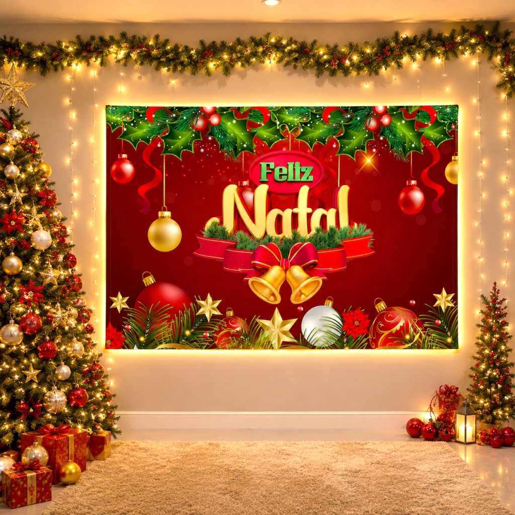Painel de Festa Retangular Natal Cenario Tecido Decoração 1,50 x 2,20m