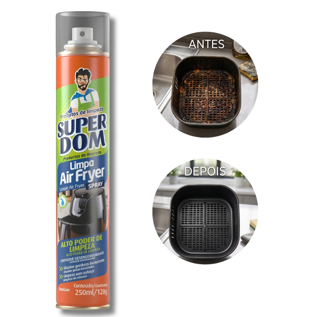 Limpa Air Fryer Spray Desengordurante Remove Gordura Limpeza com Brilho Grelhas Chapas Discos e Espetos 250ml Super Dom