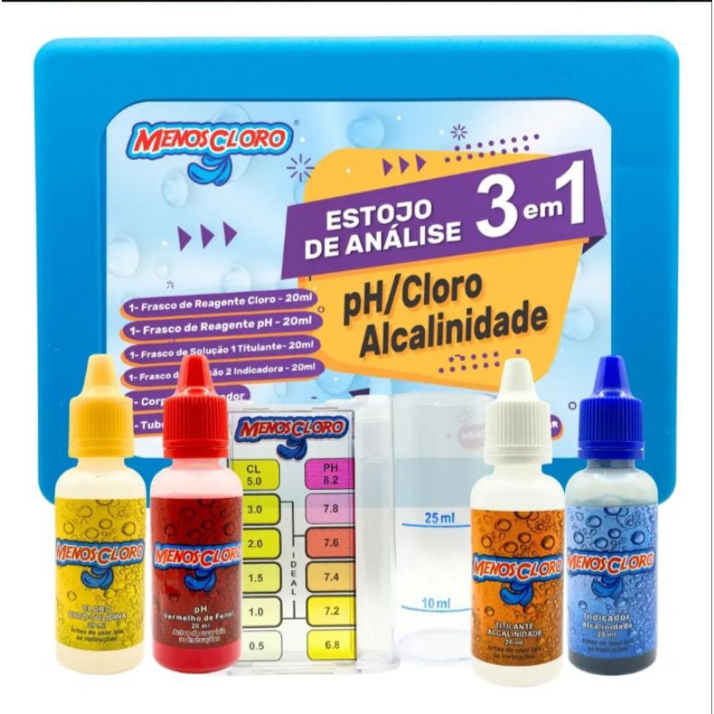 Kit 3 Em 1 Teste Medidor Ph Cloro Alcalinidade Água Piscinas