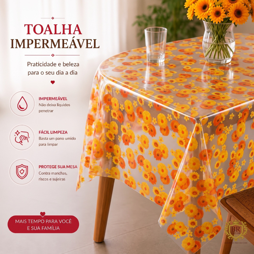 Toalha de Mesa Plástica Estampada Cristal – Impermeável para 4 e 6 Cadeiras
