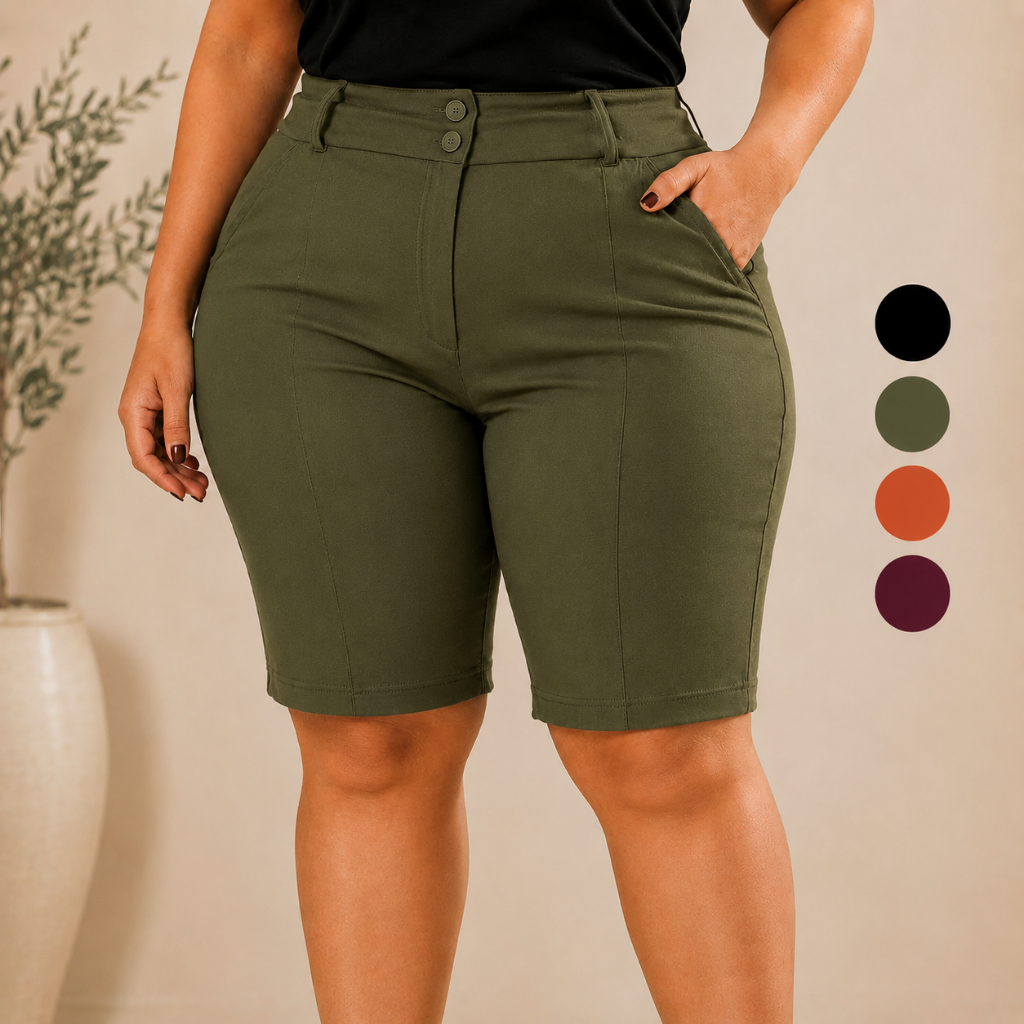 Bermuda Bengaline Plus Size Feminina Social com Botão Alfaiataria Cintura Alta