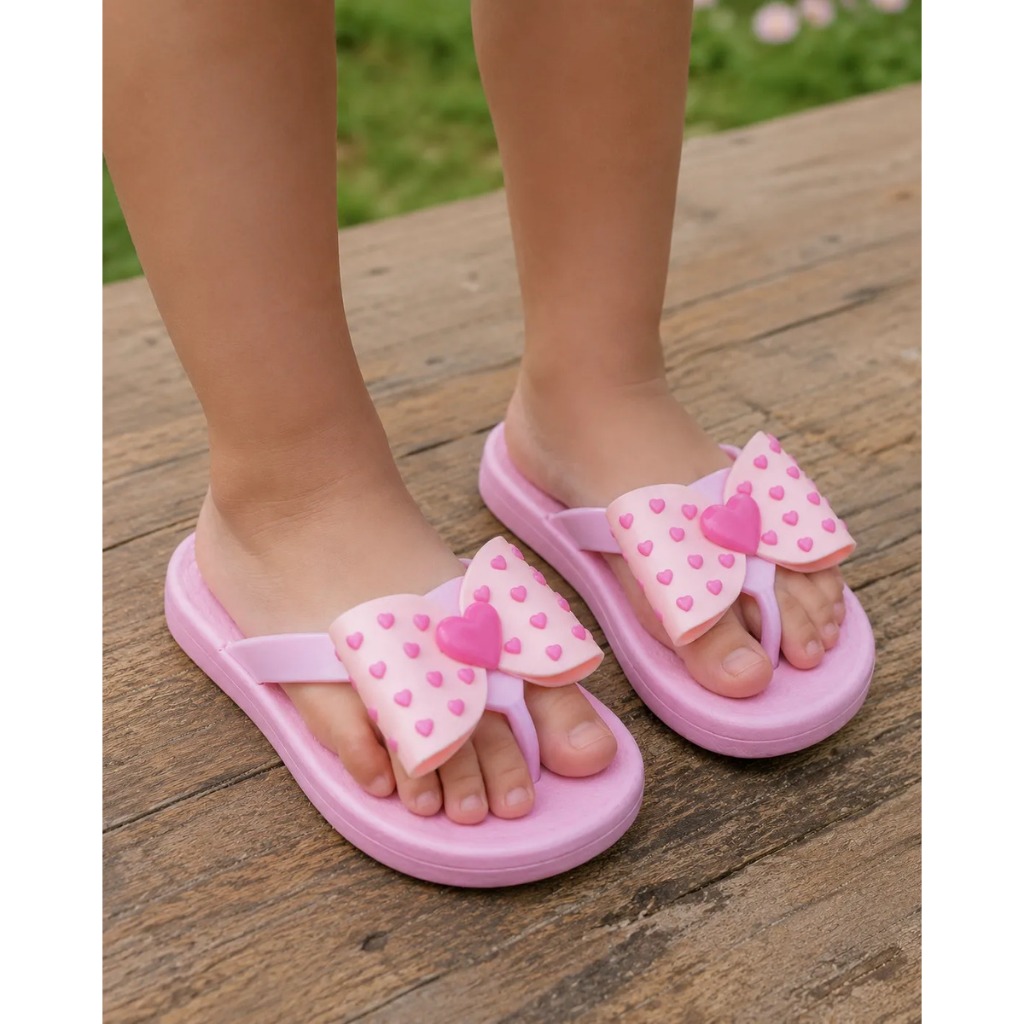 Sandália Chinelo Infantil Menina Mocinha 2 a 10 Anos Laço de Coração de Amor Rosa Resistente Confortável Antiderrapante